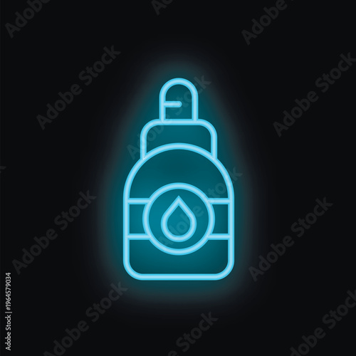 Blue neon sign showing a cosmetic dropper bottle with a black background