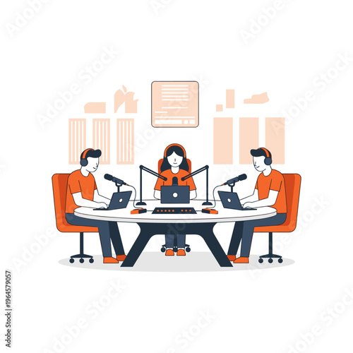 Broadcast team using laptops and microphones for live radio streaming in professional space.