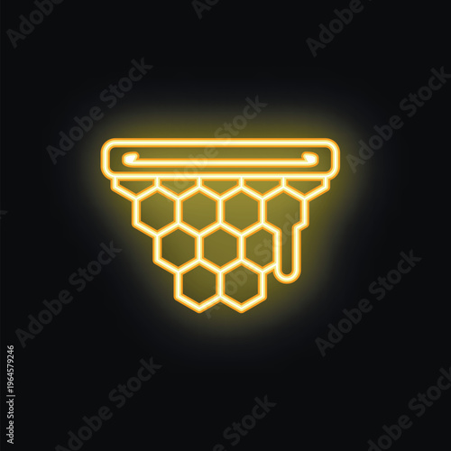 Bright yellow neon icon of a honeycomb with honey dripping from it on a black background
