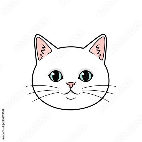 Cute White Cat Head Vector Illustration - Sweet Kitten Face with Blue Eyes and Pink Nose, Isolated Cartoon Pet Portrait for Graphic Design