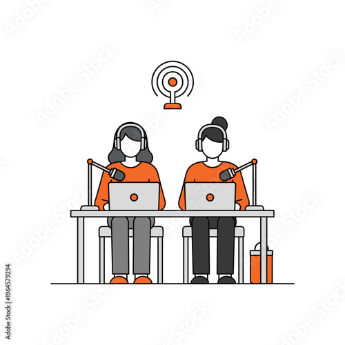 Online podcast concept with women hosts in studio, internet broadcasting flat line art.