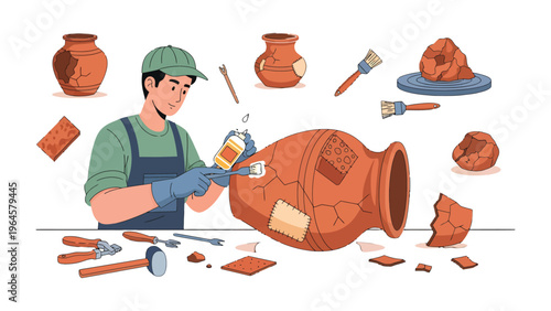 Pottery Restoration: Skilled craftsman meticulously restores a shattered antique clay jar, symbolizing preservation of history and artistry, surrounded by tools of his trade.