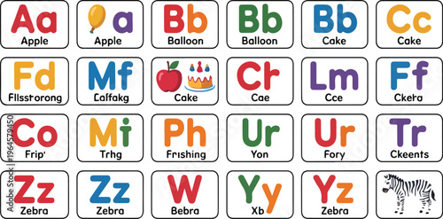 Kids ABC cards vector set with English alphabet featuring food animals and fairy tale characters for school learning flashcards