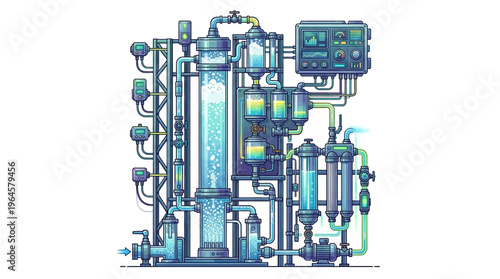 Industrial process system with pipes and machinery.