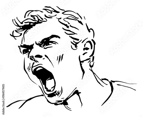 Young man shouting with anger and frustration in hand drawn ink sketch style