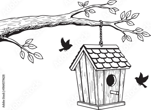 Birdhouse on a tree branch in a garden surrounded by nature