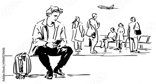 Traveler waiting at airport terminal with suitcase looking at phone in hand drawn ink sketch style