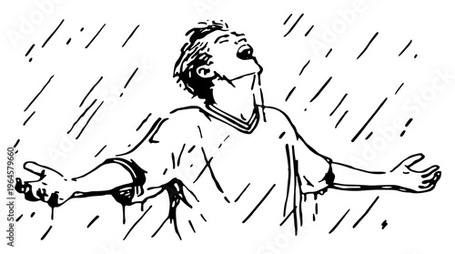 Man standing in rain with open arms expressing freedom and relief in hand drawn ink sketch style