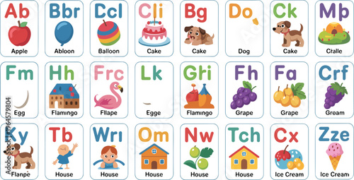 Kids ABC cards vector set with English alphabet featuring food animals and fairy tale characters for school learning flashcards