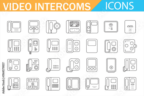 Home security video intercom icons set communication door phone system vector outline design