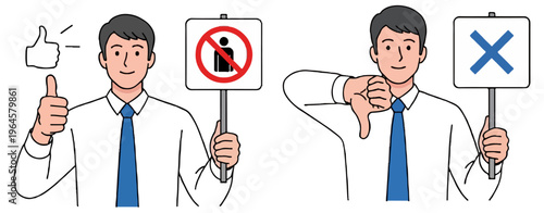 A man in a white shirt and blue tie presents contrasting gestures of approval and disapproval while holding symbolic signs against a white background.