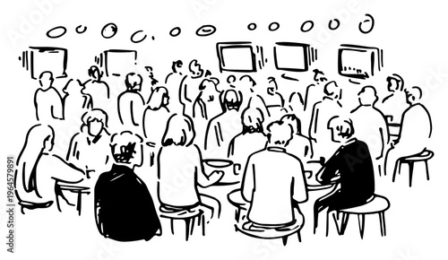 People sitting at tables in sports bar watching television screens minimalist line drawing