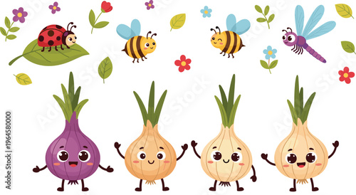 Cute Onion Cartoon Character Set with Bees, Ladybug, Dragonfly, Flowers, and Garden Insect Elements Vector Illustration