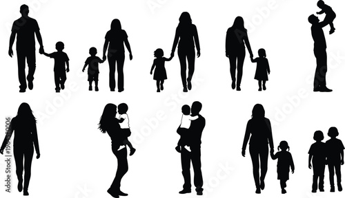Collection of family silhouettes featuring adults and children in various poses, walking, standing, holding hands, and interacting, perfect for parenting, education, inclusivity, and social design 