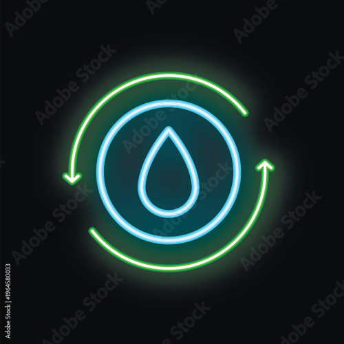 Neon sign promoting water conservation through recycling, featuring a bright blue water drop inside a circular arrow