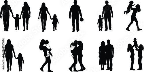 Collection of family silhouettes showing parent and child interactions including walking, hugging, lifting, and carrying, perfect for health diversity, anatomy study, and educational artwork projects.