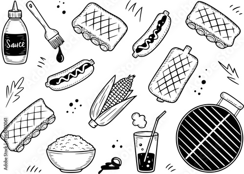 Hand drawn black and white barbecue food with ribs corn hot dogs and grill