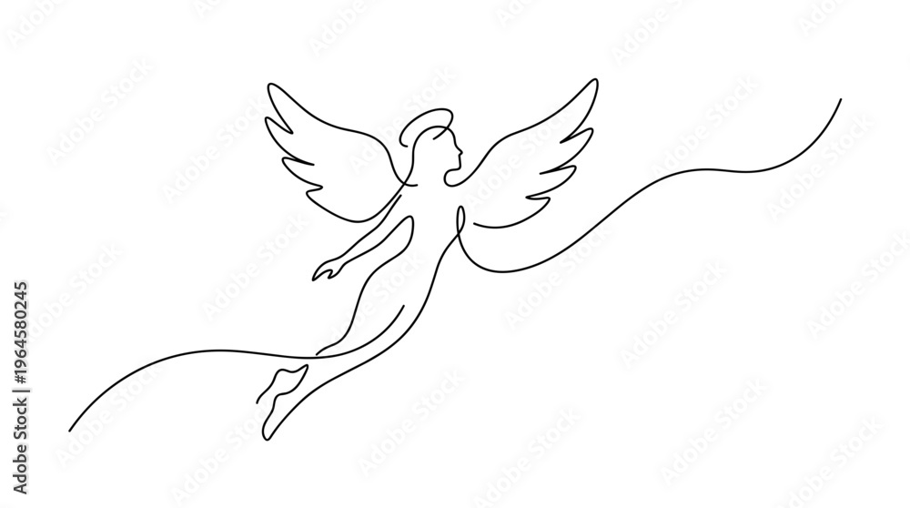 Obraz premium Elegant single line drawing of an angel with wings and halo flying gracefully with flowing ribbon element symbolizing spirit or peace
