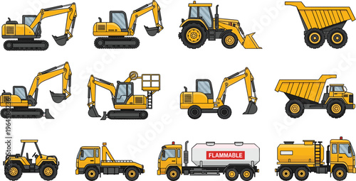 Illustration of construction and industrial vehicles including excavators, dump trucks, backhoe loader, tractor, flatbed, and tanker truck, perfect for engineering, transport, building