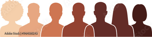 Flat vector silhouettes of diverse people with various skin tones representing racial equality community inclusion and multicultural unity isolated on white background
