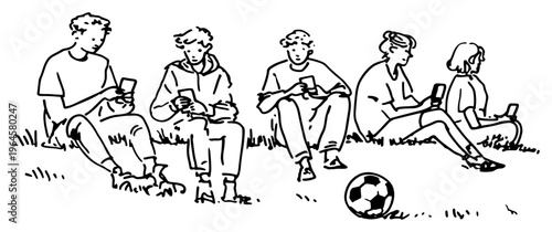 Young people sitting on grass and using smartphones in hand drawn ink sketch style
