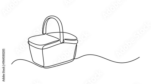 Minimalist single line drawing of a picnic basket with a handle and lid on a wavy line representing the ground