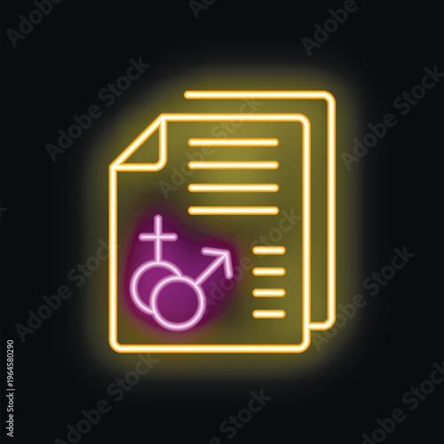 Neon icon representing a pile of documents with a male and female symbol, advocating for equality and tolerance
