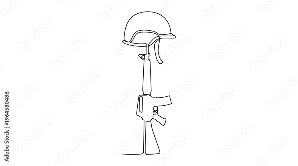 Fototapeta premium Fallen soldier memorial with rifle and helmet a poignant symbol of remembrance and sacrifice in a solemn tribute