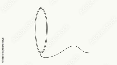 Minimalist single line drawing of a surfboard with a leash trailing off into a gentle wave shape on a plain background, representing surfing and ocean sports.
