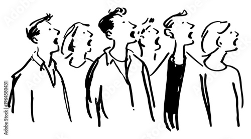 Group of people with open mouths looking up while singing or shouting in amazement line sketch