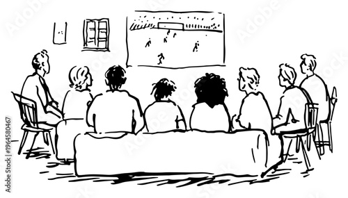 People watching soccer match on television at home in living room minimalist line drawing