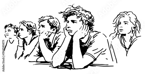 Young students sitting together looking forward with attentive or bored expressions line art