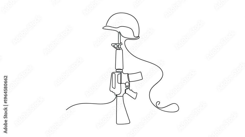 Fototapeta premium Minimalist single line drawing of a fallen soldier's rifle and helmet symbolizing remembrance and sacrifice