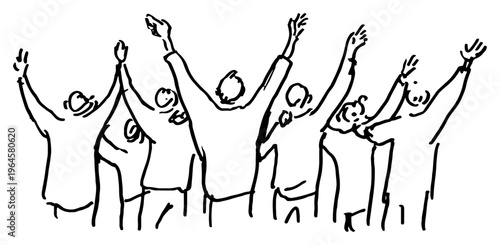 Group of people cheering with raised arms line art style