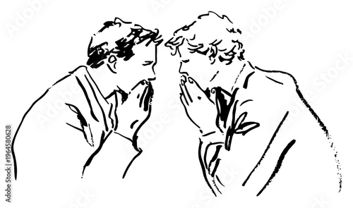 Two men whispering secrets to each other in expressive minimalist ink sketch style