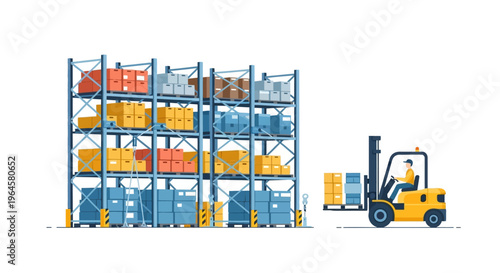Warehouse Logistics: Forklift Moving Boxes on Storage Racks, Efficient Inventory Management and Distribution Center Operations