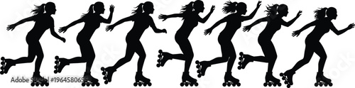 Illustration of six roller skating silhouettes showing dynamic motion and stride progression, perfect for sports themes, fitness artwork, movement design, and recreational activity projects.
