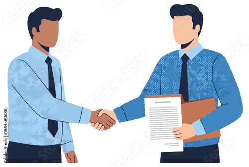 Two businessmen in blue patterned shirts and dark ties shake hands while one holds a document folder against a light beige background in a flat style.