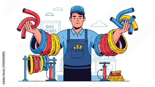 Bike Repair Shop: A skilled mechanic, surrounded by a vibrant display of bicycle tire tubes, meticulously manages the repair process, ensuring every ride is smooth. 