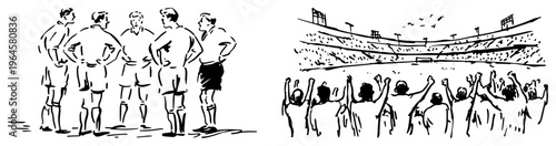 Sports team in a huddle and cheering crowd at the stadium in simple line drawing style
