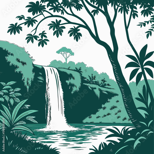 A serene jungle scene featuring a waterfall cascading into a tranquil pool surrounded by lush greenery and trees