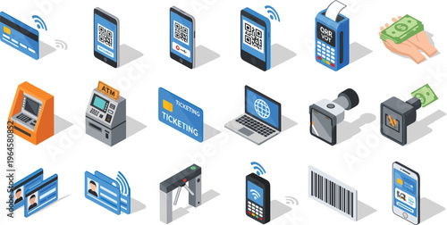 Isometric illustration of digital payment and identification systems including credit card, QR code, ATM, mobile app, and barcode scanner, perfect for finance, technology, and security projects.