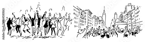 Crowded city street with cheering people and skyscrapers in minimalist ink sketch style