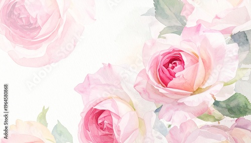 Watercolor Pink Roses with Green Leaves Showcasing Artistic Elegance, Romantic Beauty, and Tranquil Floral Design