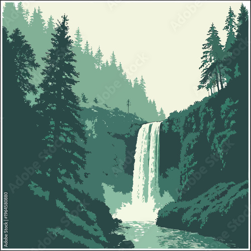A serene forest landscape with a majestic waterfall cascading down a rocky cliff surrounded by lush green trees and a tranquil river