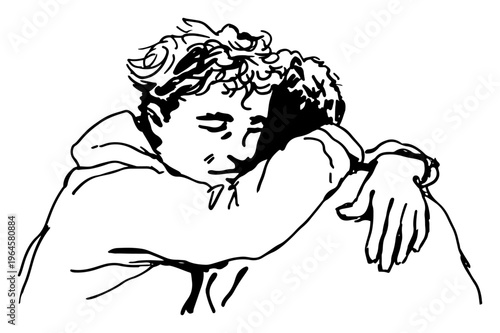 Two men hugging each other with deep emotion in hand drawn ink sketch style