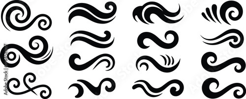 Abstract wave swirl icon set, flowing water and wind shapes collection, decorative motion elements vector illustration design pack
