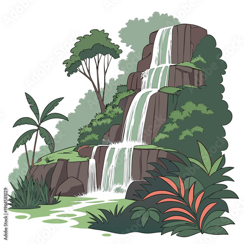 A serene tropical waterfall cascading down a rocky cliff surrounded by lush greenery and vibrant plants