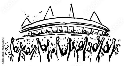 Fans cheering in front of large sports stadium during match in hand drawn ink sketch style