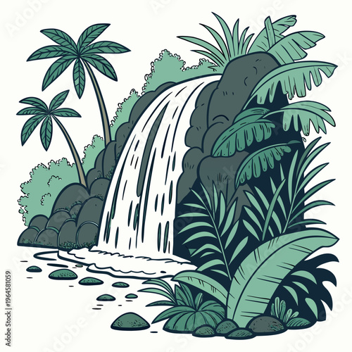 фотографія Tropical paradise scene with waterfall and lush greenery